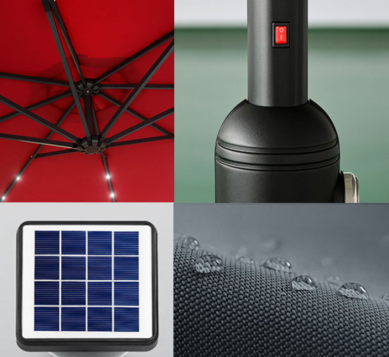 Patio umbrella options - solar-powered LED lights and waterproof fabric