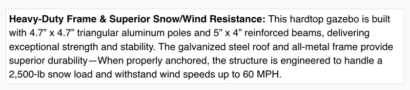 Screenshot of Kozyard product-page copy stating a 2,500 lb snow load and wind speeds up to 60 MPH when properly anchored, with heavy-duty frame details.