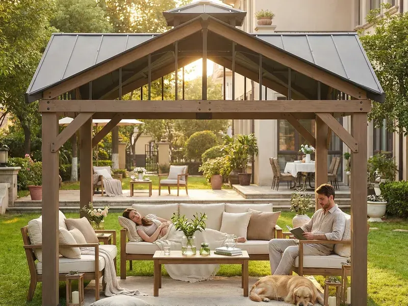 SUNJOY A102002410 12×12 wooden gazebo with a galvanized steel roof and raised roof vent.