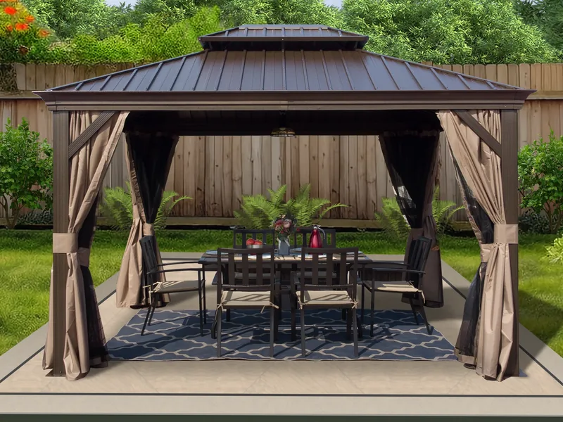 Kozyard Alexander 10×12 Brown hardtop gazebo with a double steel roof and curtains.