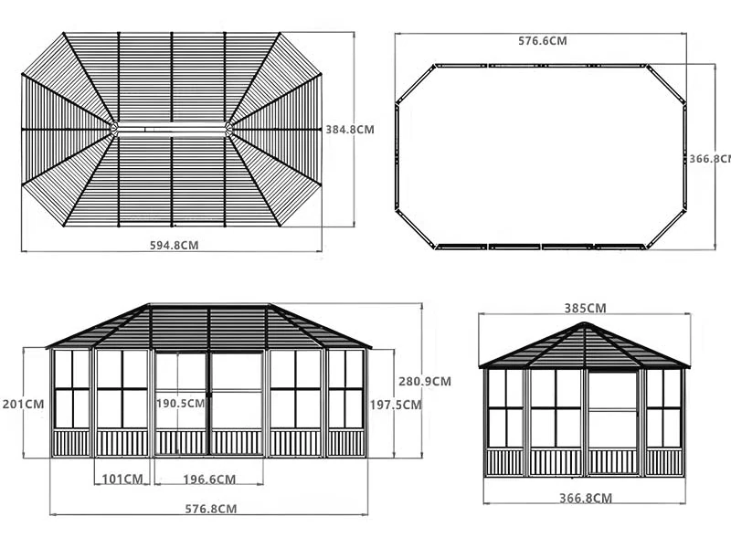 LIDA OUTDOOR dimension drawing for a 20 × 13 ft octagonal polycarbonate gazebo, with plan and elevation views showing roof framing.