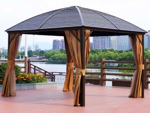 Tonnelle 3 x 3 m avec toit cintré en acier galvanisé, cadre aluminium et rideaux