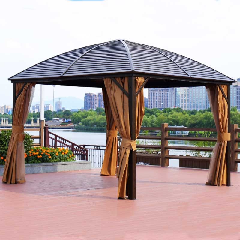 Tonnelle 3 x 3 m avec toit cintré en acier galvanisé, cadre aluminium et rideaux