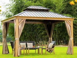 Tonnelle 3 x 3,6 m en aluminium effet bois avec toit double en acier