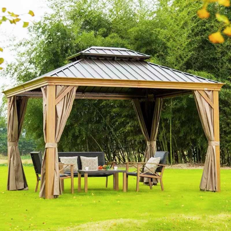 Tonnelle 3 x 3,6 m en aluminium effet bois avec toit double en acier