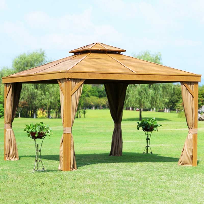 Tonnelle 3,6 x 3,6 m effet bois avec cadre aluminium et toit acier