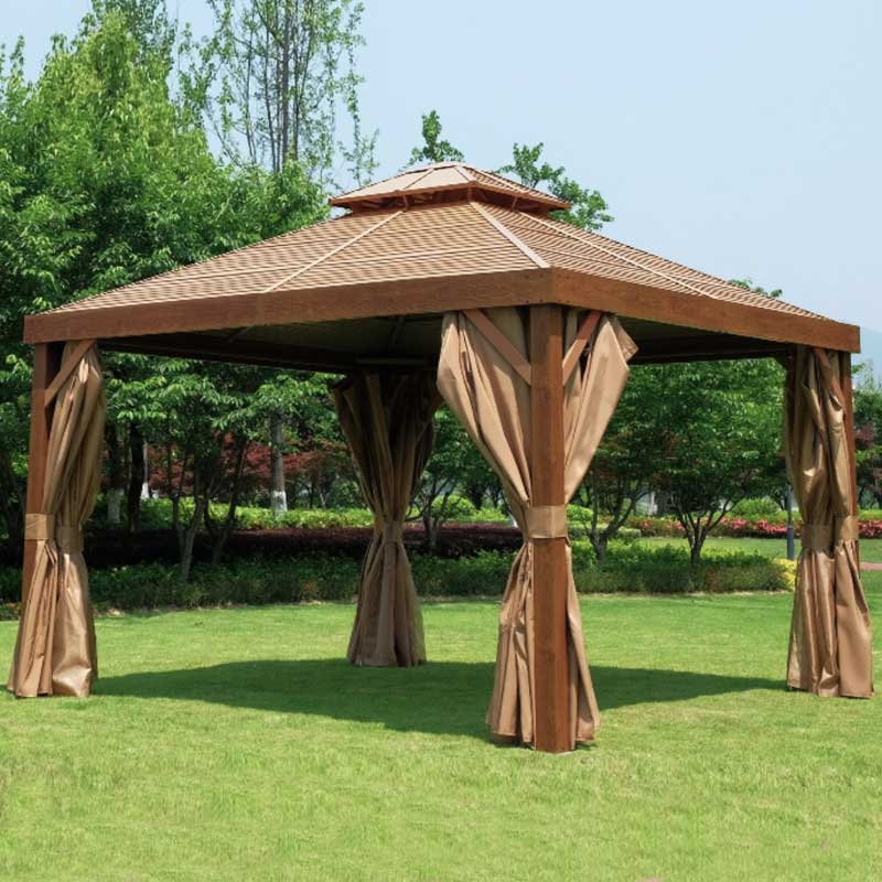 Tonnelle effet bois avec cadre aluminium et rideaux étanches