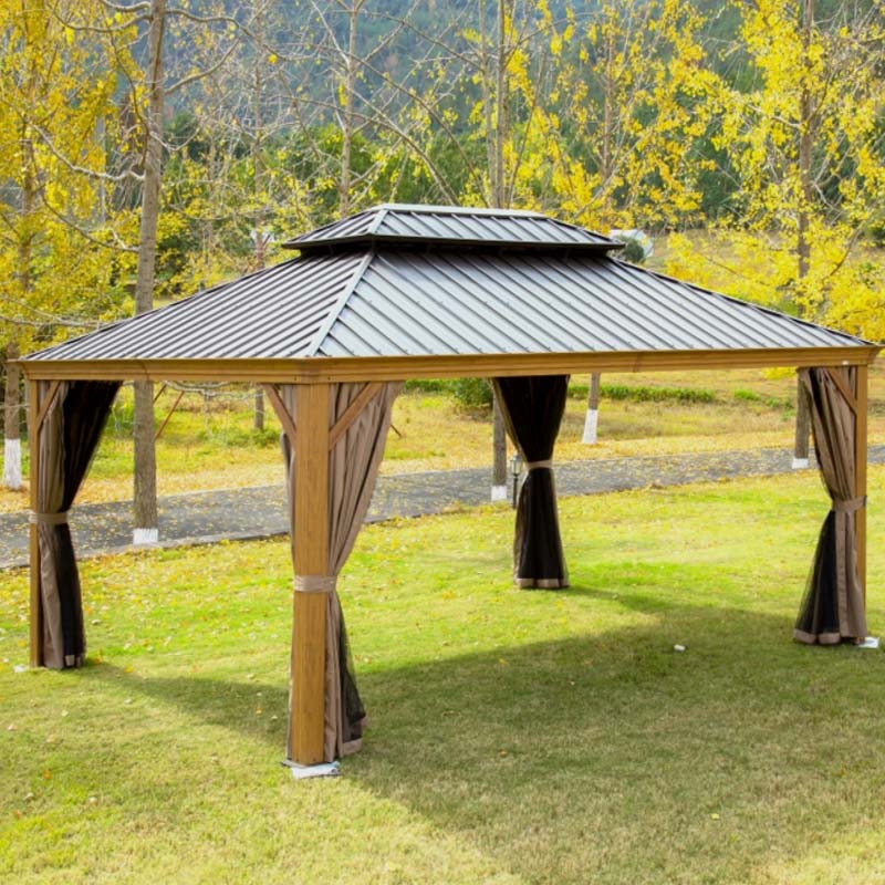 Tonnelle en aluminium effet bois 3,6 x 4,8 m avec toit double en acier