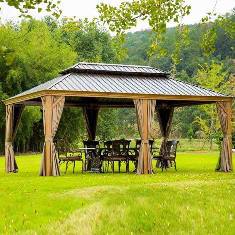 Tonnelle en aluminium effet bois 3,6 x 6 m avec toit double en acier