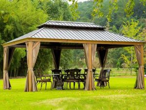 Tonnelle 3,6 x 6 m en aluminium effet bois avec toit double en acier