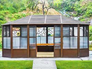 Tonnelle octogonale 20×13 ft en aluminium avec toit en acier et portes en polycarbonate