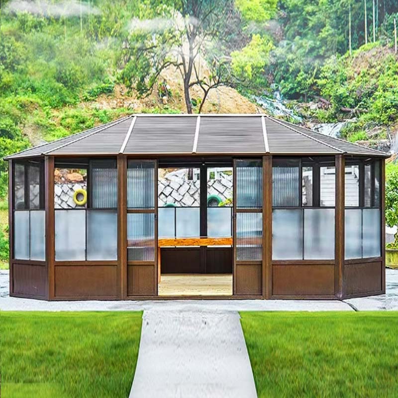 Tonnelle octogonale 20×13 ft en aluminium avec toit en acier et portes en polycarbonate