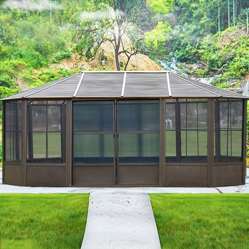 Tonnelle octogonale 20×13 ft en aluminium avec toit en acier et portes coulissantes en polycarbonate