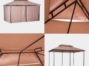 Grande tonnelle avec double toit souple et rideaux latéraux