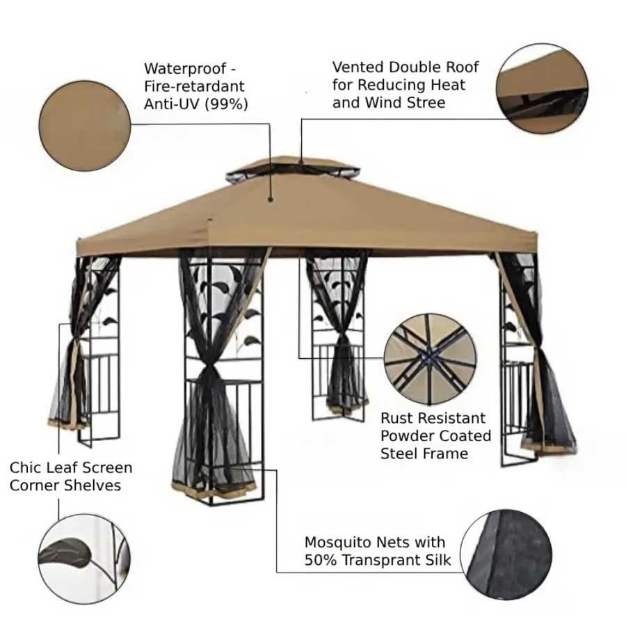 Tonnelle de terrasse à toit souple Lida Outdoor avec moustiquaire et double toit