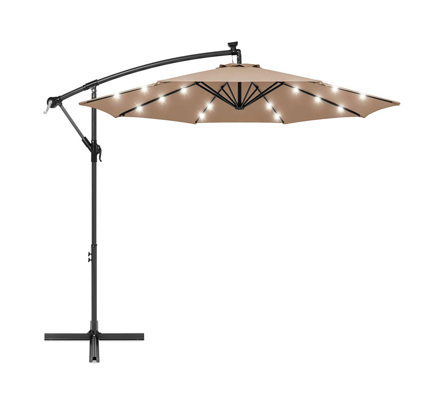 Parasol de terrasse solaire LED 3 m avec manivelle, aération et base croisée en acier