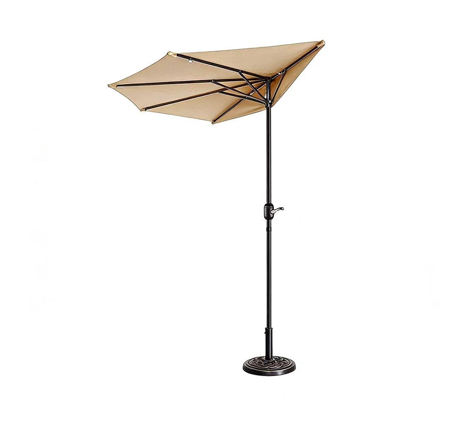 Parasol demi-lune beige de terrasse 2,7 m avec 5 baleines et base robuste