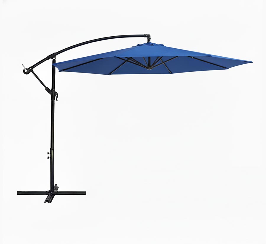 Parasol déporté bleu de terrasse 3 m avec inclinaison réglable et éclairage solaire en option