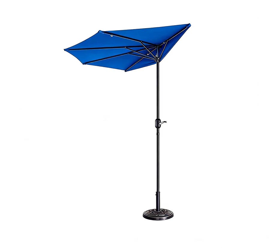 Parasol demi-lune bleu de terrasse 2,7 m avec 5 baleines et base robuste