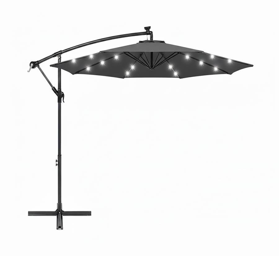 Parasol solaire LED gris foncé 3 m avec manivelle, aération et base croisée en acier