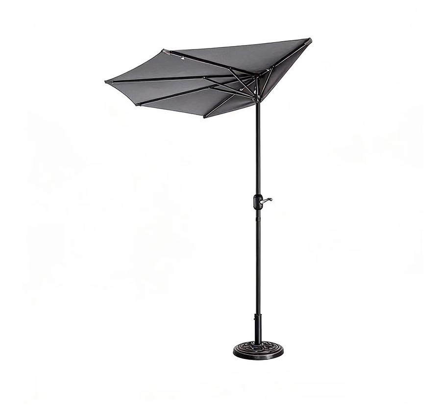 Parasol demi-lune gris de terrasse 2,7 m avec 5 baleines et base robuste