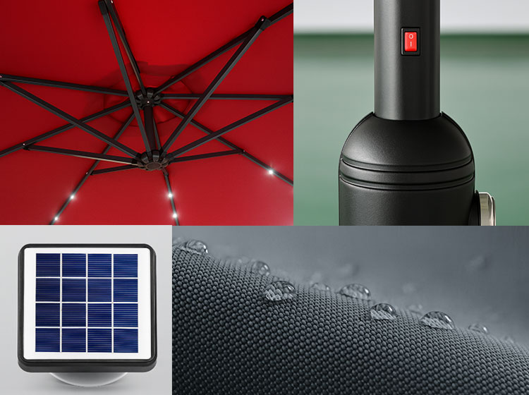 Parasol de terrasse de qualité avec kit d’éclairage solaire et toile imperméable