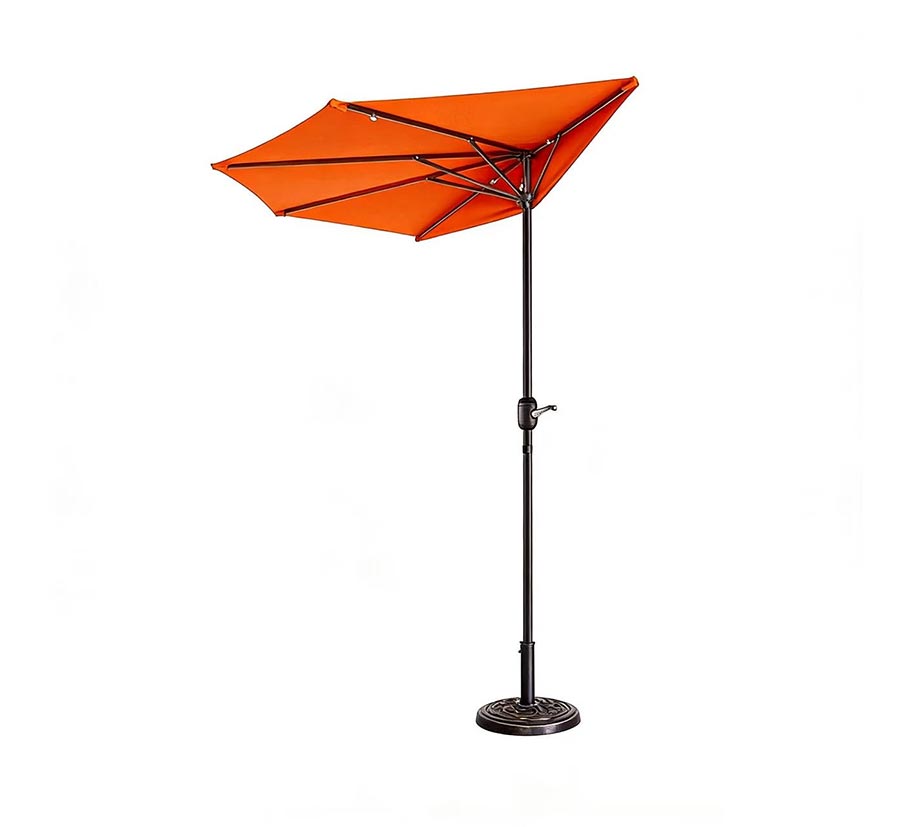 Parasol demi-lune orange de terrasse 2,7 m avec 5 baleines et base robuste
