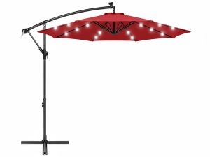 Parasol solaire LED rouge 3 m avec manivelle, aération et base croisée en acier