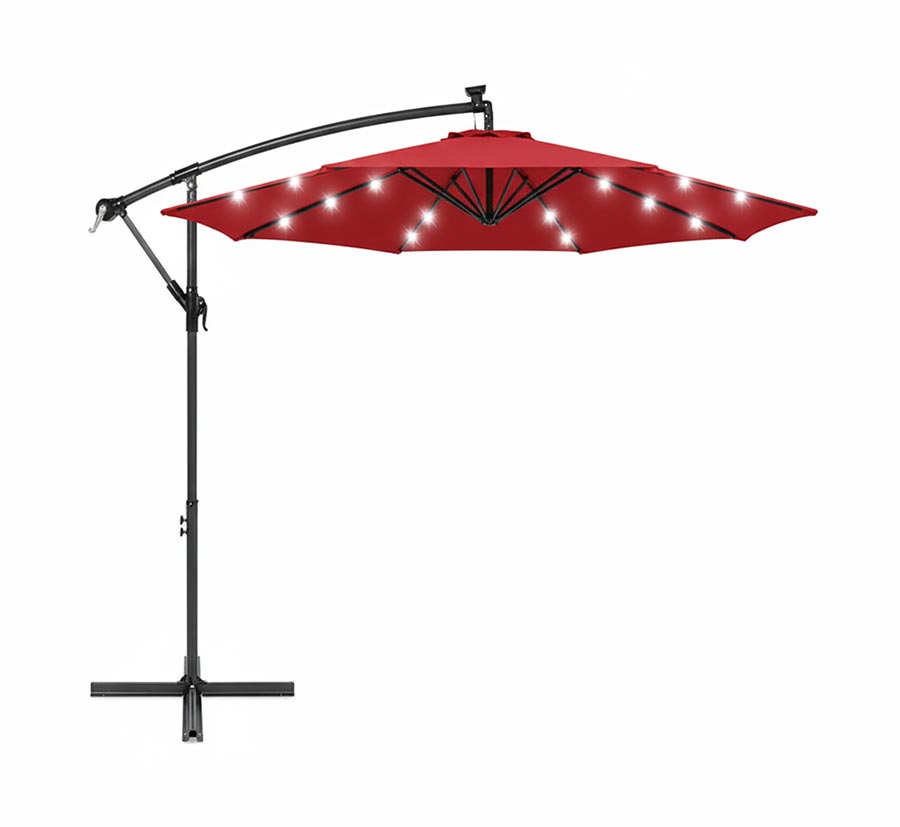 Parasol solaire LED rouge 3 m avec manivelle, aération et base croisée en acier
