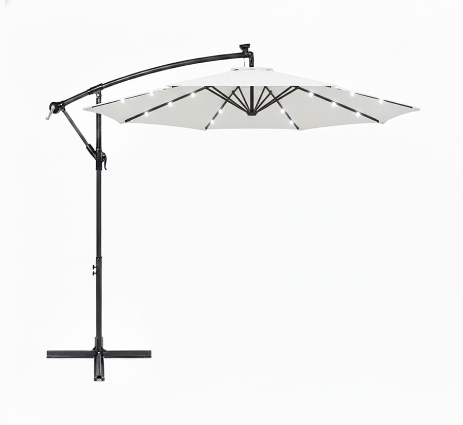 Parasol solaire LED blanc 3 m avec manivelle, aération et base croisée en acier