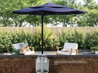 In-ground umbrella base installation shown beneath a center-pole patio umbrella
