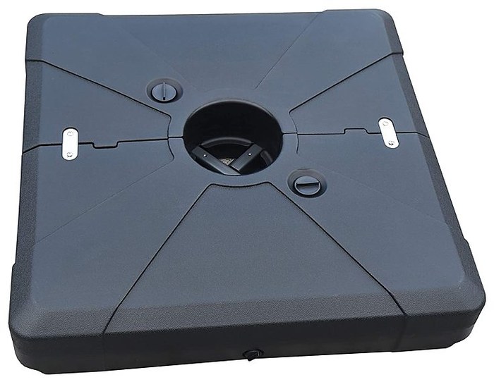 Water-filled umbrella base used for patio umbrella stability